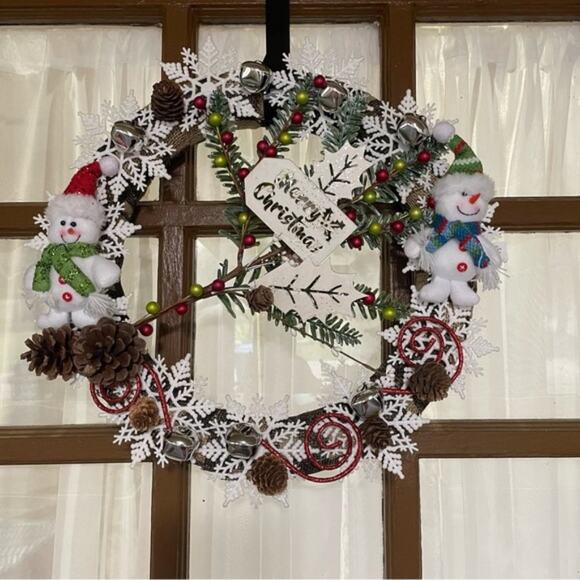 Handmade Wreath Christmas Snowman Snowflake - Picture 1 of 13